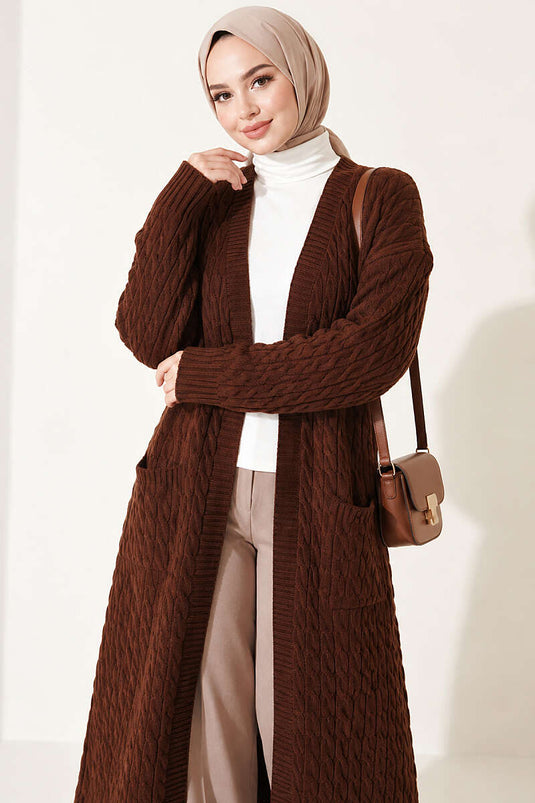 Long Knit Cardigan With Double Pockets In Brown