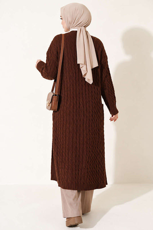 Long Knit Cardigan With Double Pockets In Brown