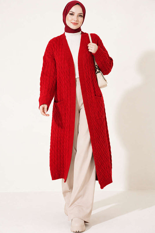 Lange Rote Strickjacke Mit Doppel-Taschen