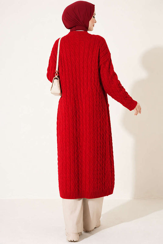 Lange Rote Strickjacke Mit Doppel-Taschen