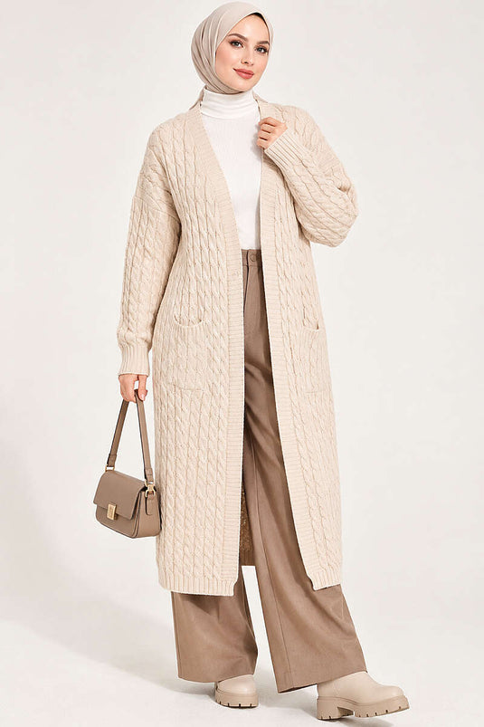 Lange Strickjacke Mit Doppeltaschen Und Verzierung
