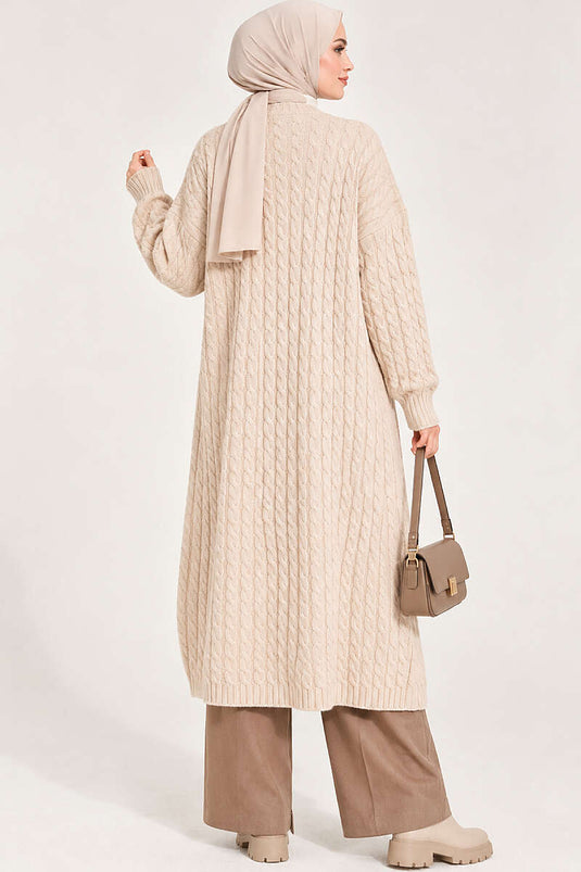 Lange Strickjacke Mit Doppeltaschen Und Verzierung