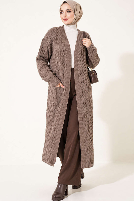 Lange Strickjacke Mit Doppeltaschen In Mink