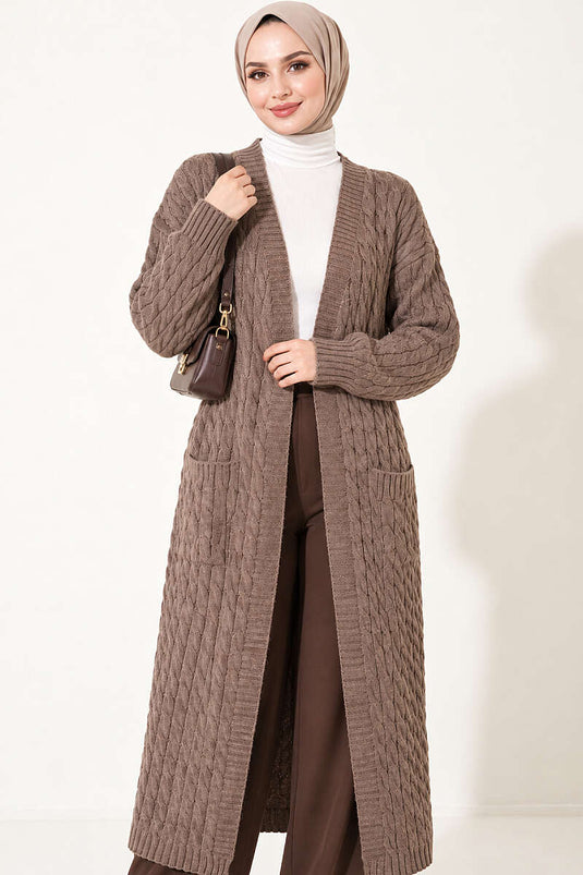 Lange Strickjacke Mit Doppeltaschen In Mink