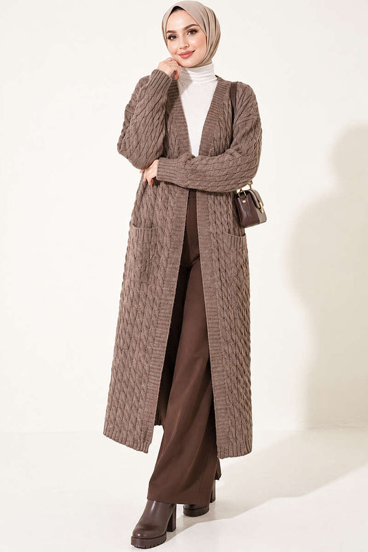 Lange Strickjacke Mit Doppeltaschen In Mink