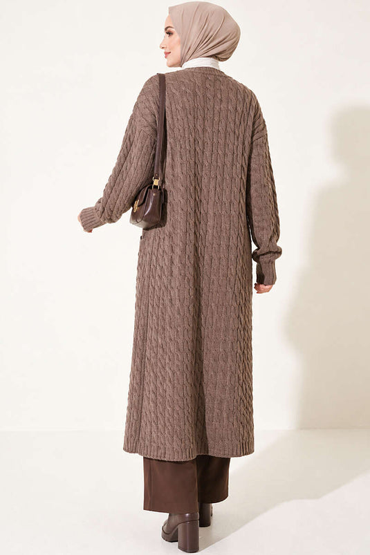 Lange Strickjacke Mit Doppeltaschen In Mink
