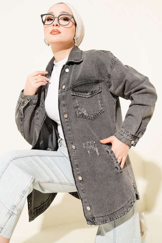 Çift Cepli Yıpratma Kot Ceket Füme