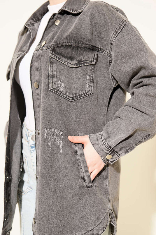 Çift Cepli Yıpratma Kot Ceket Füme