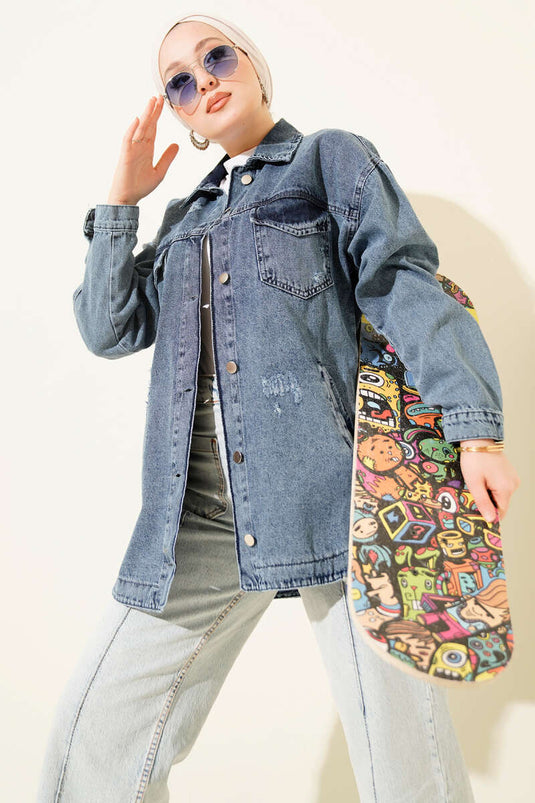 Çift Cepli Yıpratma Kot Ceket Mavi