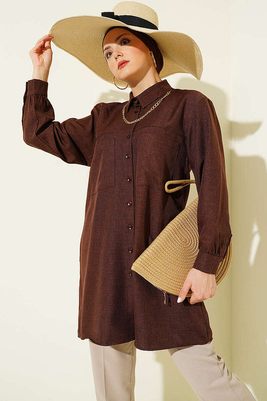 Chemise à poches doubles avec chaîne, couleur café