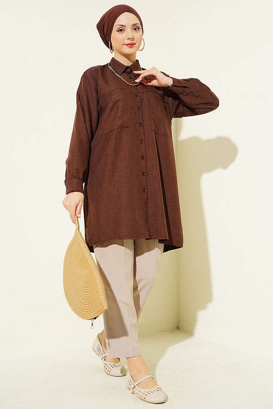 Chemise à poches doubles avec chaîne, couleur café