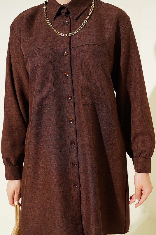 Chemise à poches doubles avec chaîne, couleur café