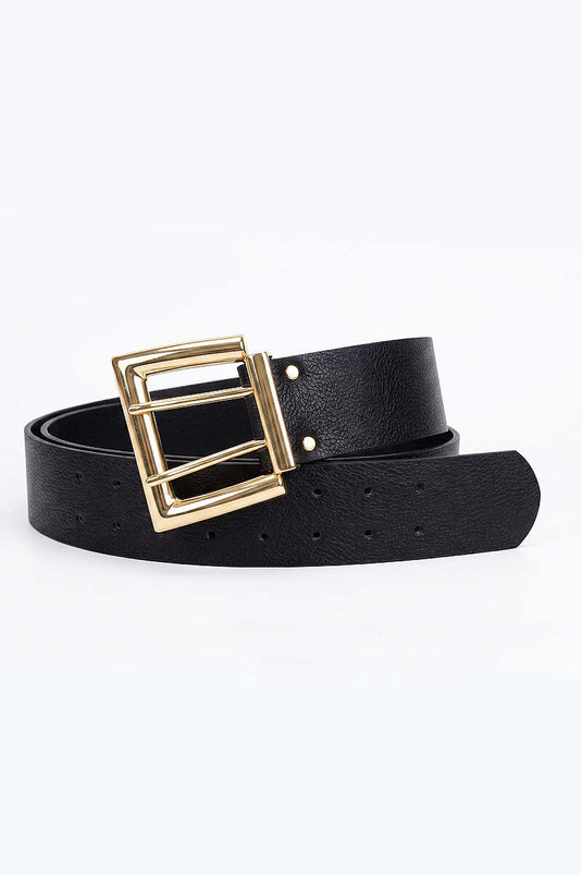 Black Square Metal Buckle Belt with Double Holes