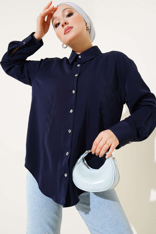 Double Button Cuffed Chiffon Shirt Navy Blue