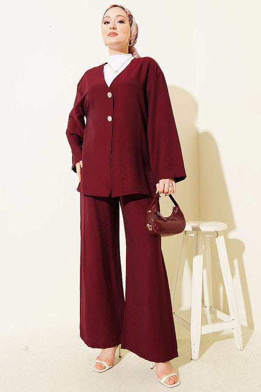 Çift Düğmeli Kimono İkili Takım Bordo