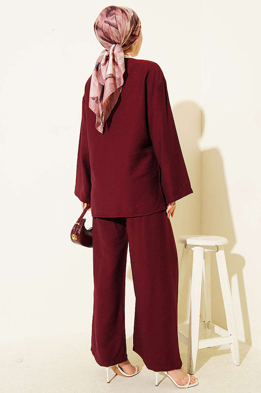 Çift Düğmeli Kimono İkili Takım Bordo