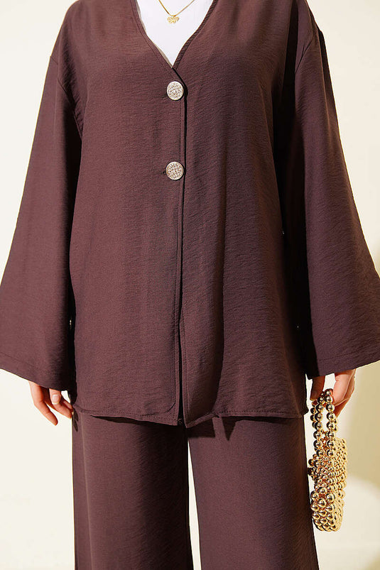 Çift Düğmeli Kimono İkili Takım Kahve