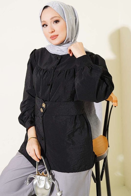 Chemise Noire À Double Boutons Et Ceinture