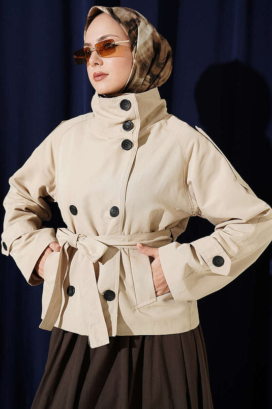 Double Button Belted Short Trench Coat Beige