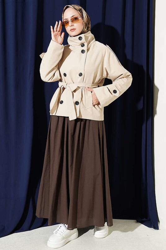Double Button Belted Short Trench Coat Beige