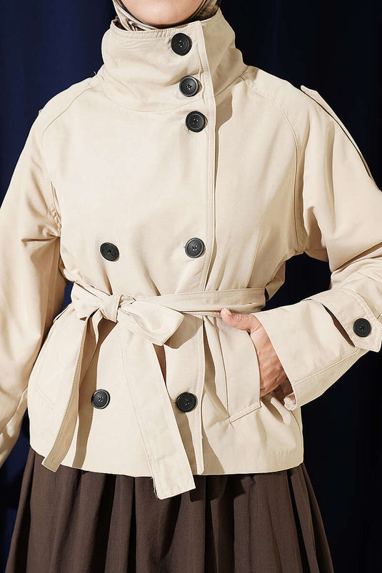 Double Button Belted Short Trench Coat Beige