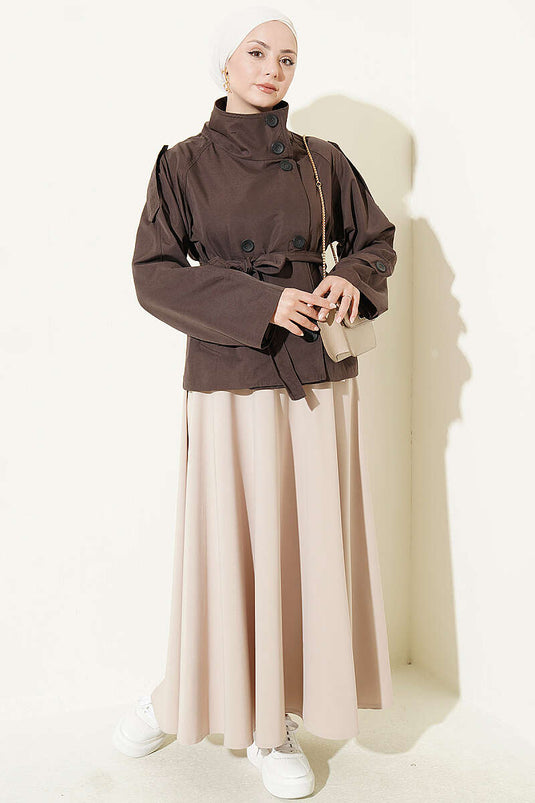 Double Button Belted Short Trench Coat In Coffee