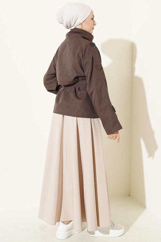 Double Button Belted Short Trench Coat In Coffee