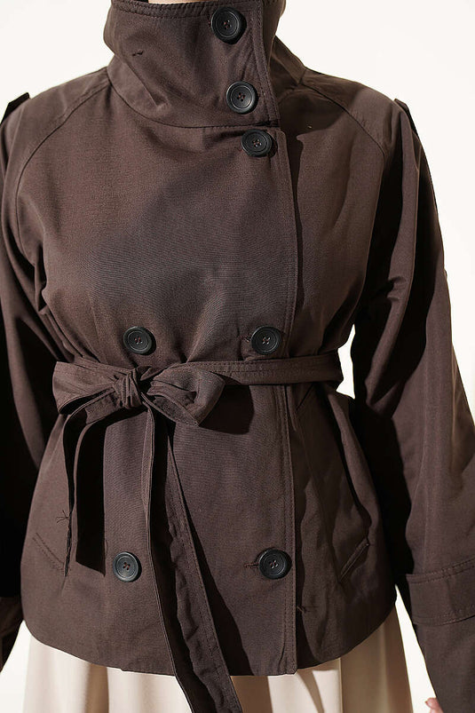 Double Button Belted Short Trench Coat In Coffee