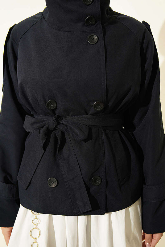 Double Button Belted Short Trench Coat Navy