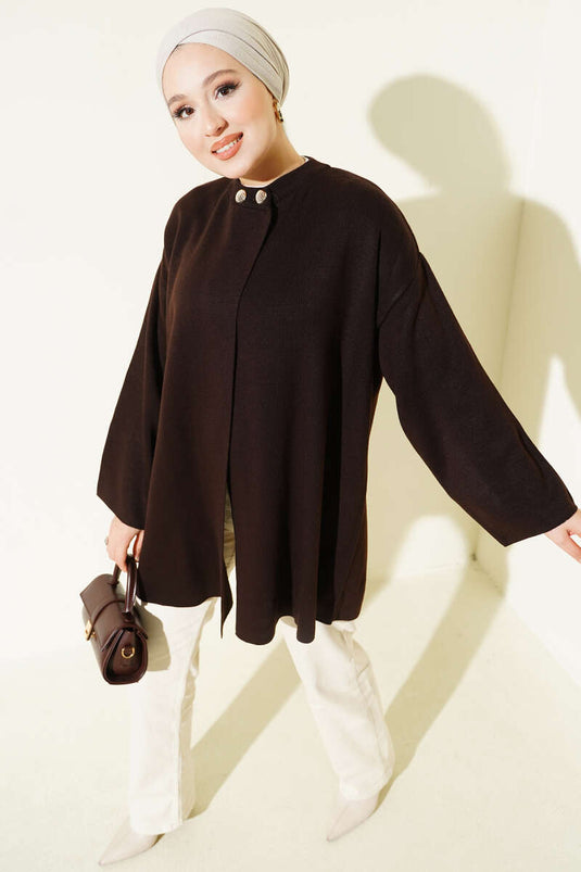 Çift Düğmeli Triko Panço Kahve