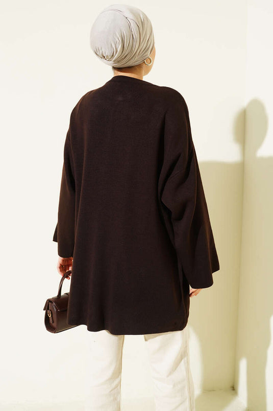 Çift Düğmeli Triko Panço Kahve