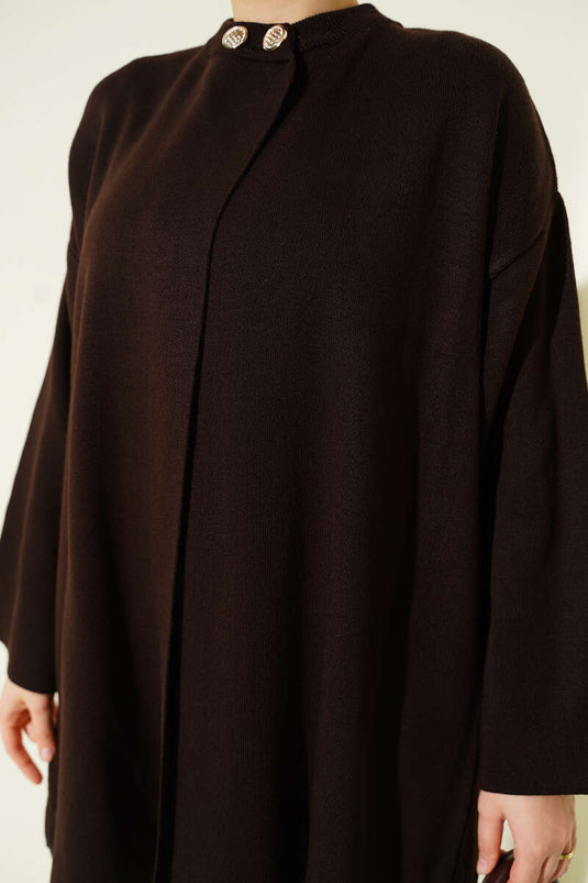 Çift Düğmeli Triko Panço Kahve