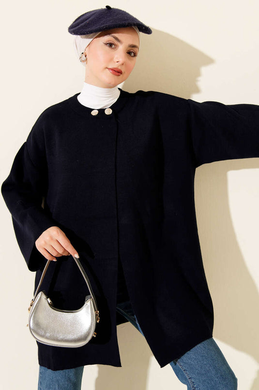 Double Button Knit Cape In Navy Blue
