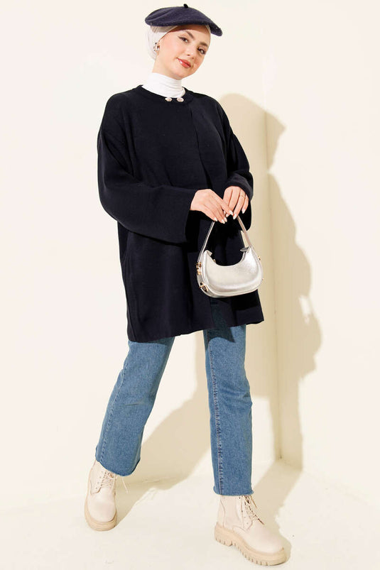 Double Button Knit Cape In Navy Blue