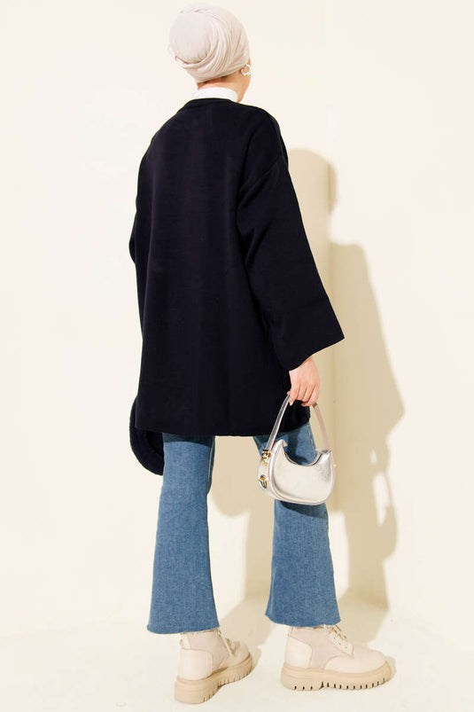 Double Button Knit Cape In Navy Blue