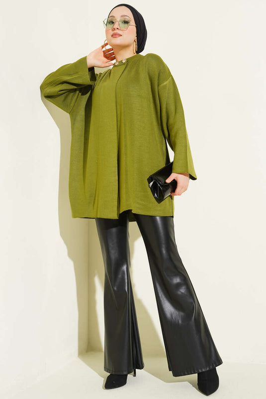 Çift Düğmeli Triko Panço Yeşil