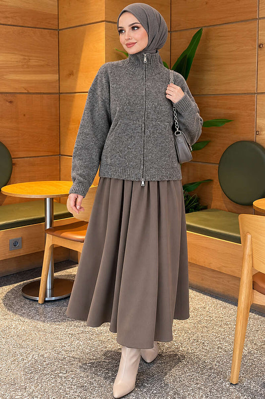 Chaqueta De Punto Con Doble Cremallera Y Cuello Alto Gris Humo