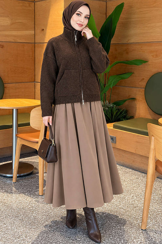 Double Zipper Long Neck Knit Cardigan In Brown