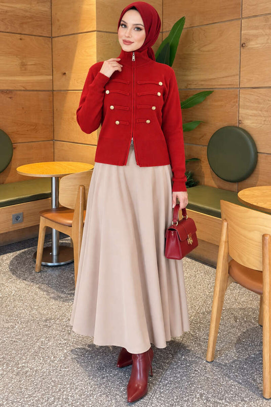 Gilet En Maille Rouge À Double Fermeture Éclair Et Boutons