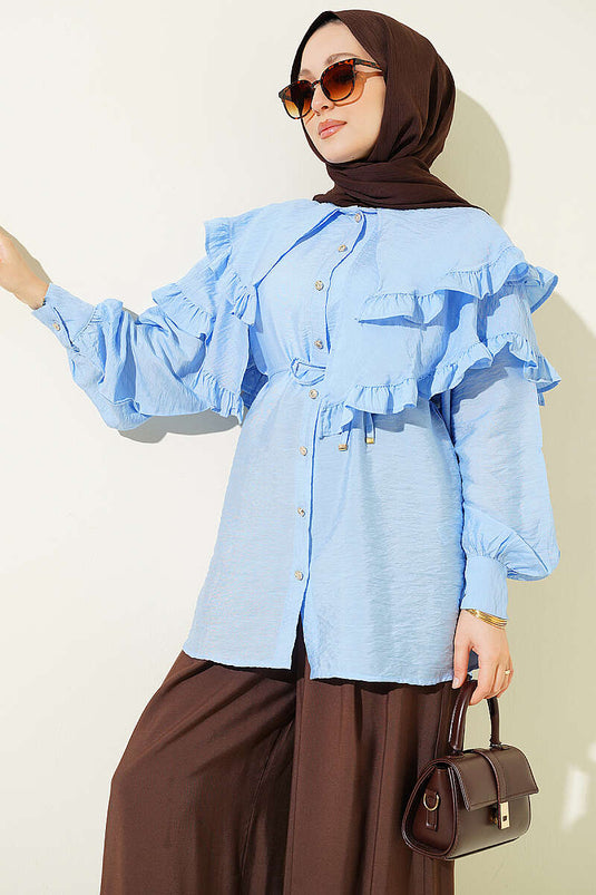Chemise à col marin à double volant bleu bébé