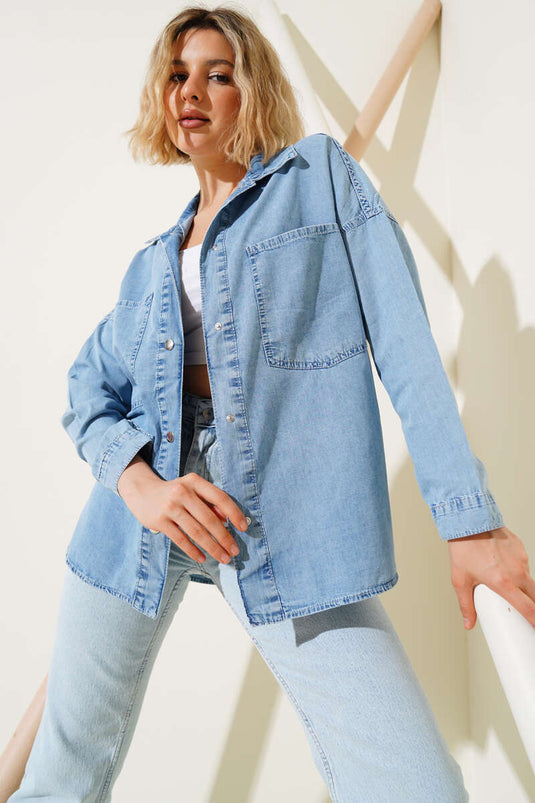 Chemise en jean basique bleue à double poche poitrine