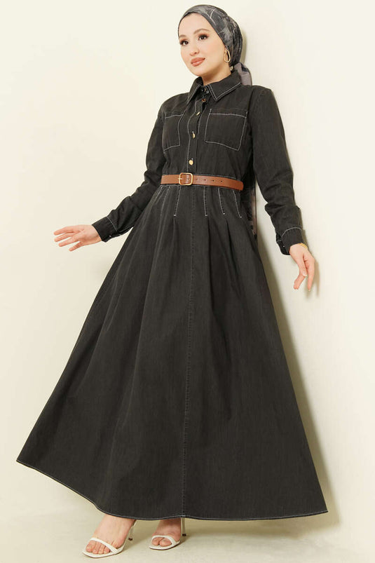 Robe en jean anthracite à double poitrine avec poches et boutons