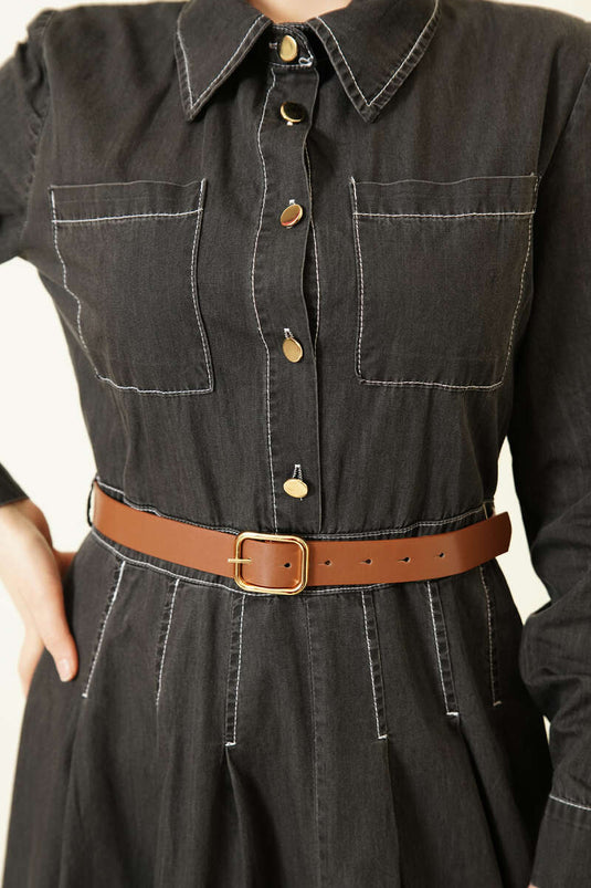 Robe en jean anthracite à double poitrine avec poches et boutons