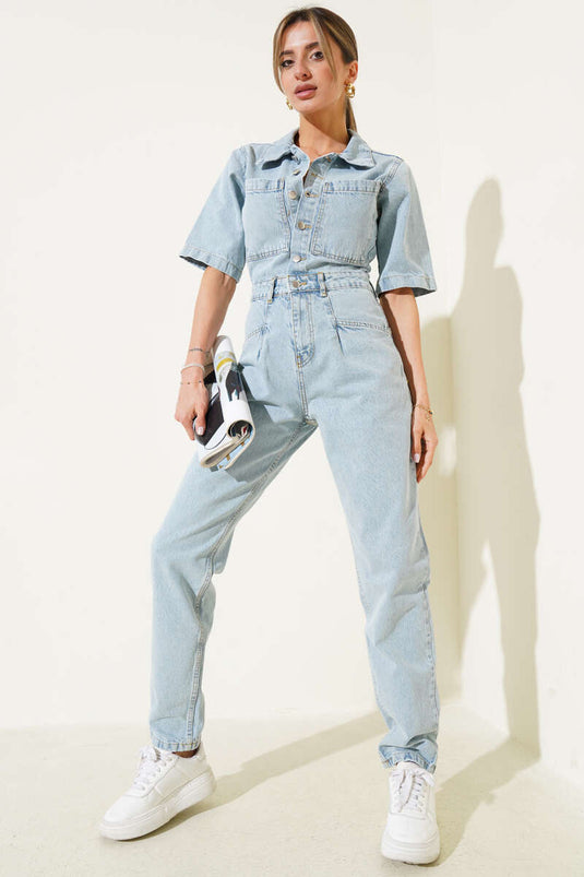 Double Chest Pocket Buttoned Denim Overalls Ice Blue