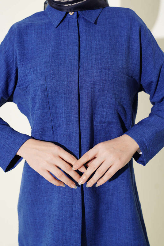 Double Breast Pocket Hidden Button Shirt Blue