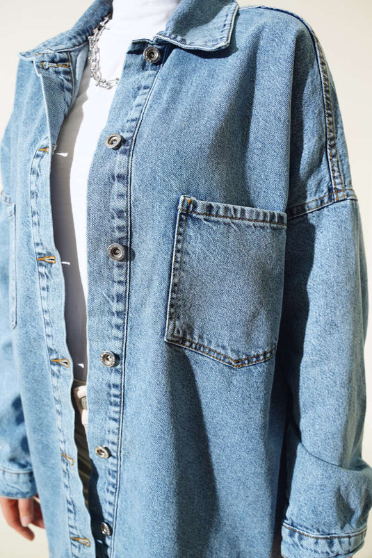 Veste En Jean Poche Double Poitrine Bleu Denim