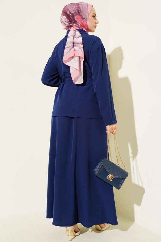 Doppelbrust mit Taschen und Gürtel Rockanzug Marineblau
