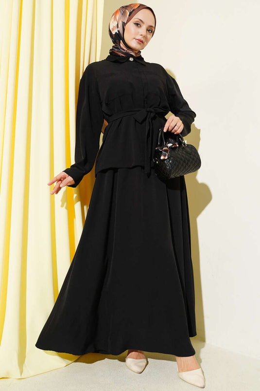 Ensemble jupe ceinturée à double poitrine avec poches noir