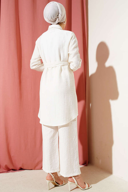 Double Chest Pocket Belted Two Piece Suit Ecru