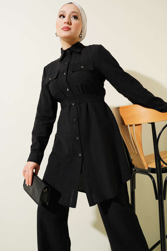 Double Chest Pocket Belted Two Piece Suit Black